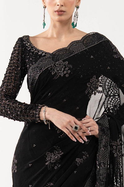 Maria B | RTW | Embroidered Chiffon Saree-Brand:Maria B-Type:Luxury Formals-Black - House of Maryam- Buy in UK, USA