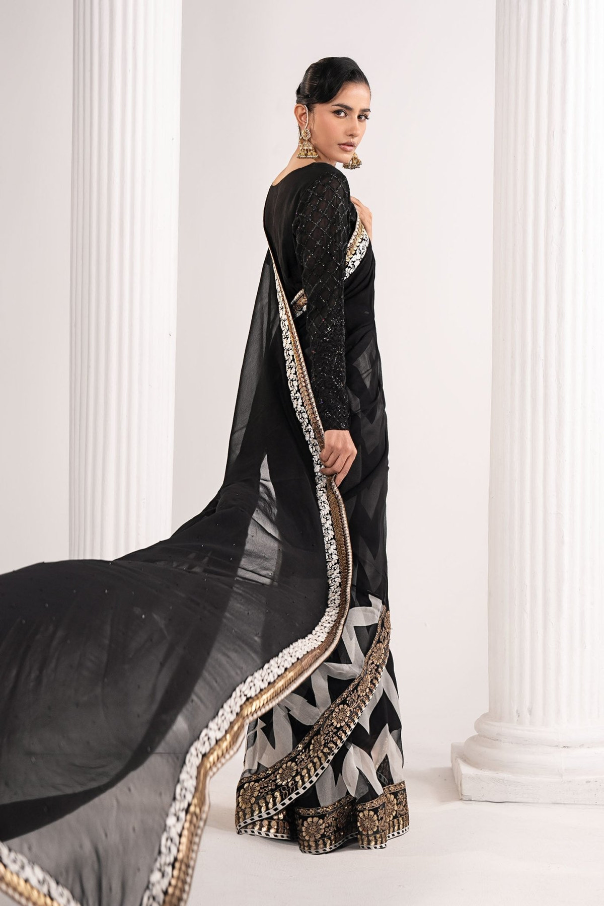 Maria B | RTW | Embroidered Chiffon Saree-Brand:Maria B-Type:Luxury Formals-Black - House of Maryam- Buy in UK, USA