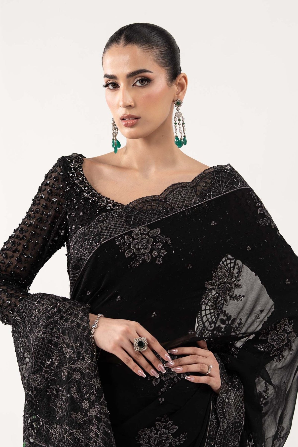 Maria B | RTW | Embroidered Chiffon Saree-Brand:Maria B-Type:Luxury Formals-Black - House of Maryam- Buy in UK, USA