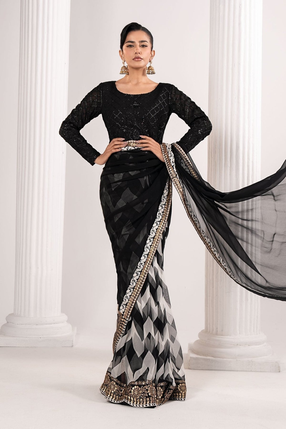 Maria B | RTW | Embroidered Chiffon Saree-Brand:Maria B-Type:Luxury Formals-Black - House of Maryam- Buy in UK, USA