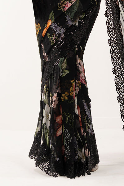 Maria B | RTW | Embroidered Chiffon Saree-Brand:Maria B-Type:Luxury Formals-Black - House of Maryam- Buy in UK, USA
