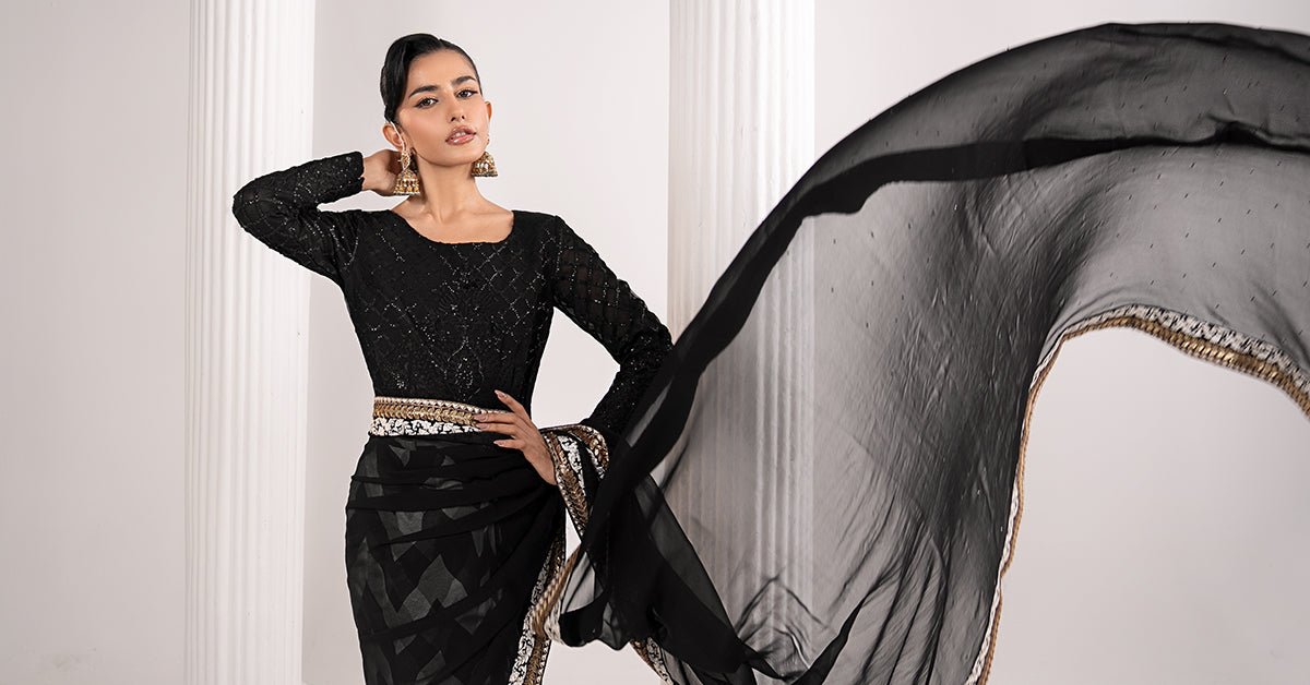 Maria B | RTW | Embroidered Chiffon Saree-Brand:Maria B-Type:Luxury Formals-Black - House of Maryam- Buy in UK, USA