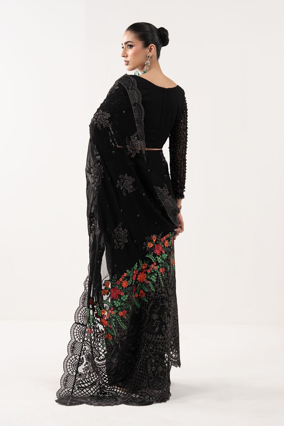 Maria B | RTW | Embroidered Chiffon Saree-Brand:Maria B-Type:Luxury Formals-Black - House of Maryam- Buy in UK, USA
