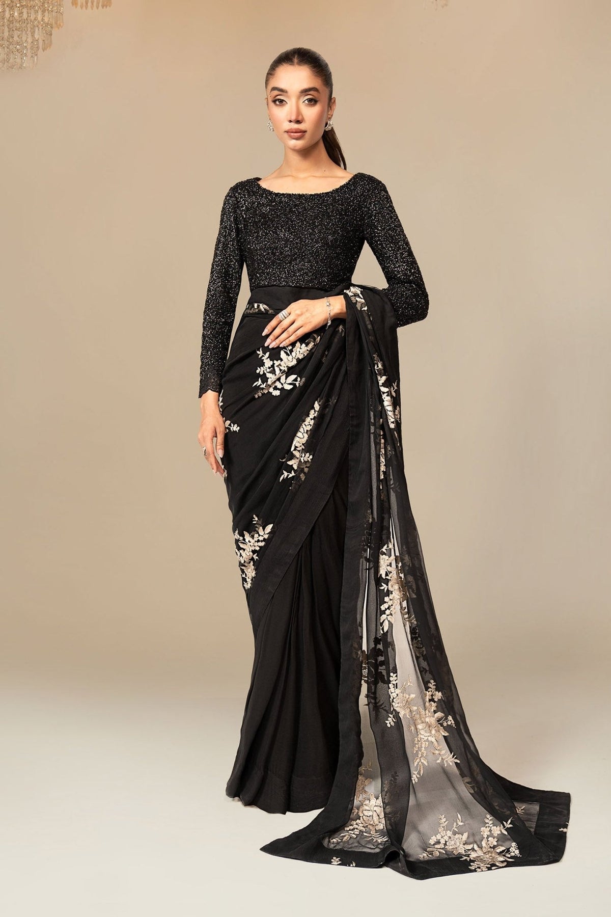 Maria B | RTW | Embroidered Chiffon Saree-Brand:Maria B-Type:Luxury Formals-Black - House of Maryam- Buy in UK, USA