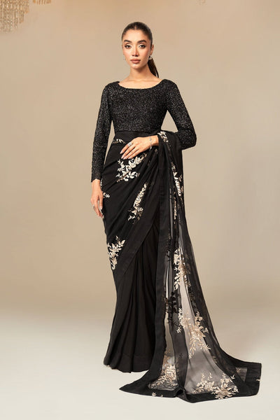 Maria B | RTW | Embroidered Chiffon Saree-Brand:Maria B-Type:Luxury Formals-Black - House of Maryam- Buy in UK, USA
