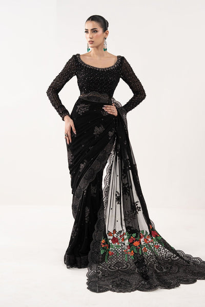 Maria B | RTW | Embroidered Chiffon Saree-Brand:Maria B-Type:Luxury Formals-Black - House of Maryam- Buy in UK, USA