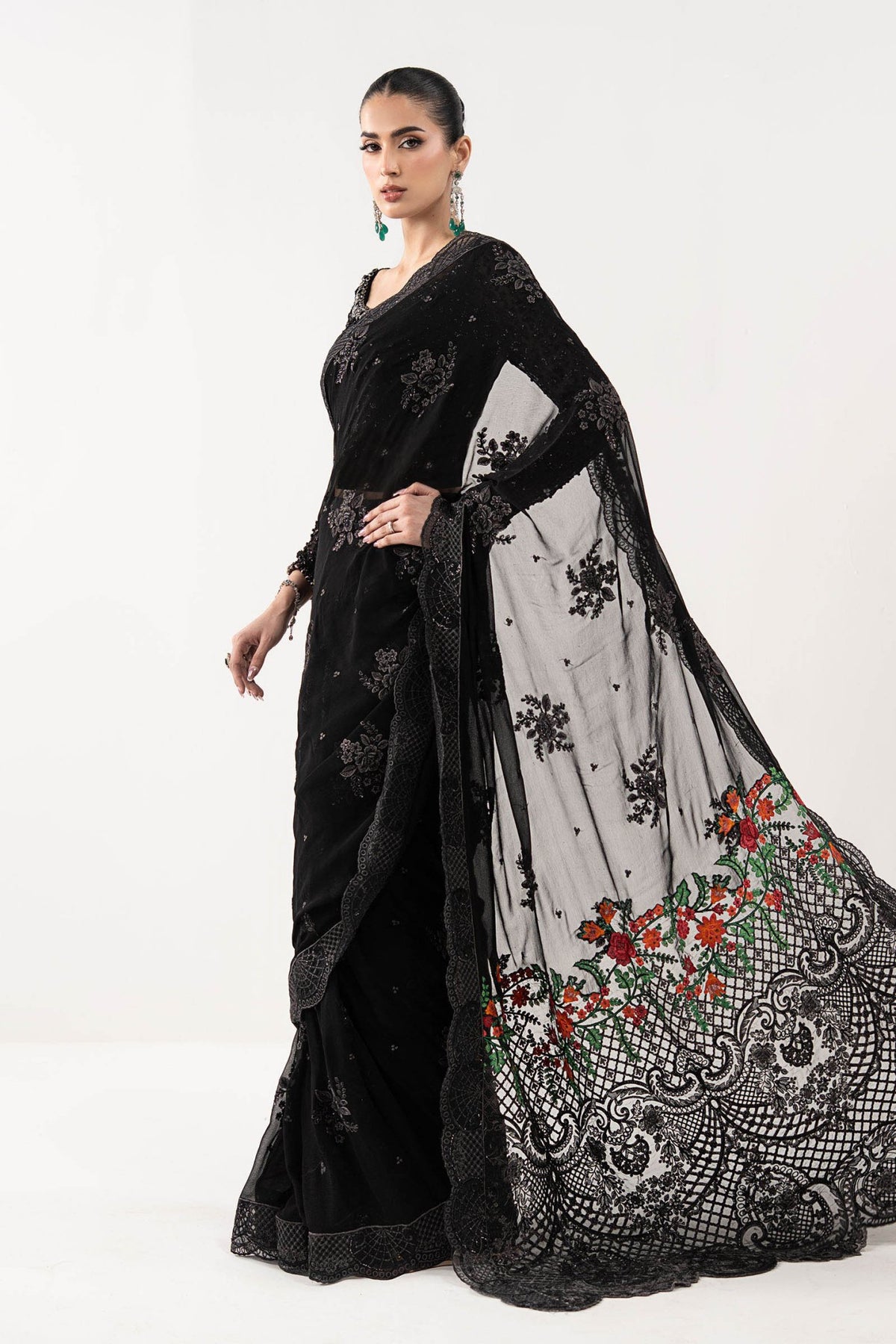 Maria B | RTW | Embroidered Chiffon Saree-Brand:Maria B-Type:Luxury Formals-Black - House of Maryam- Buy in UK, USA