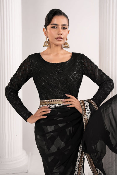 Maria B | RTW | Embroidered Chiffon Saree-Brand:Maria B-Type:Luxury Formals-Black - House of Maryam- Buy in UK, USA