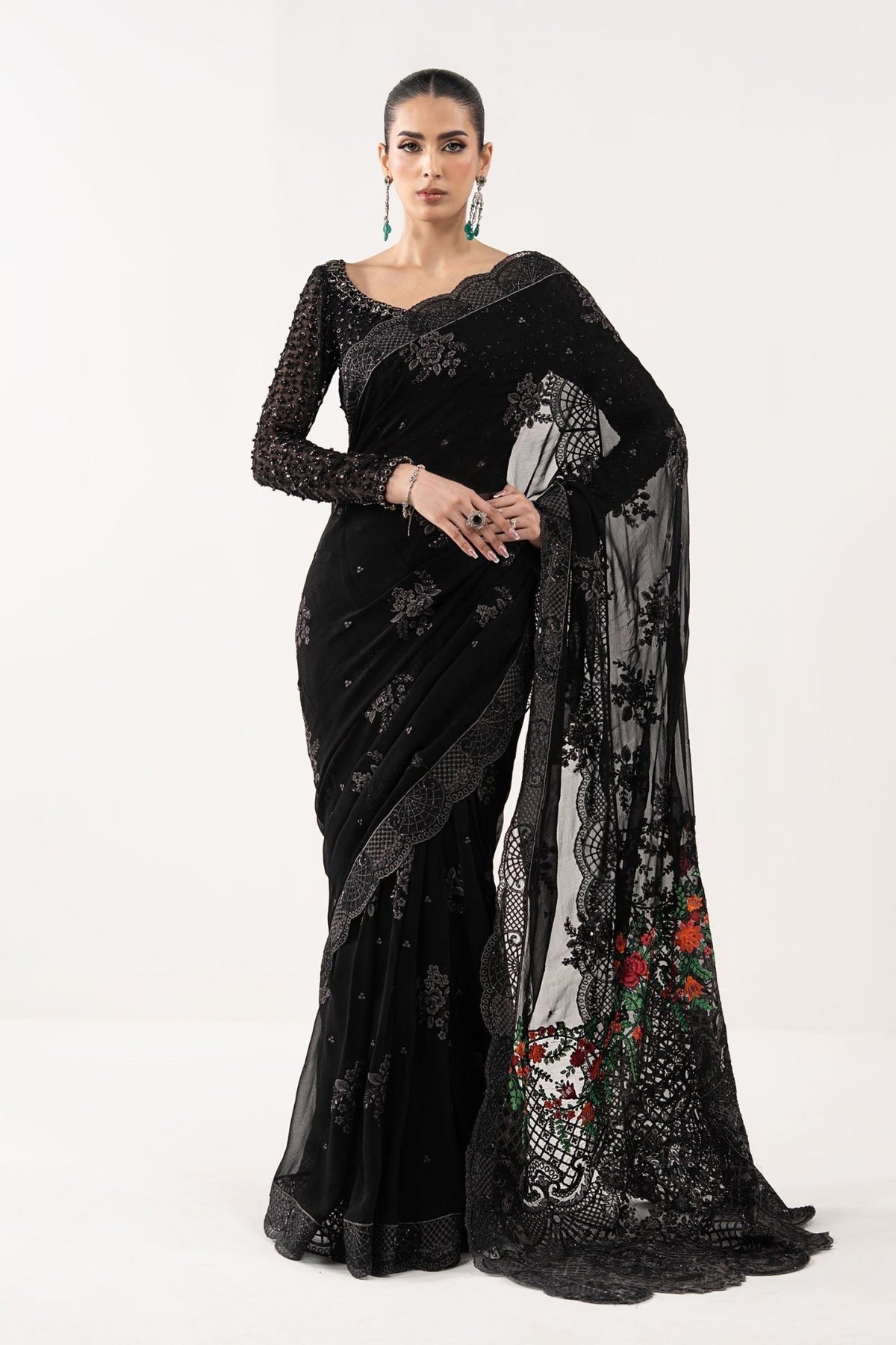 Maria B | RTW | Embroidered Chiffon Saree-Brand:Maria B-Type:Luxury Formals-Black - House of Maryam- Buy in UK, USA