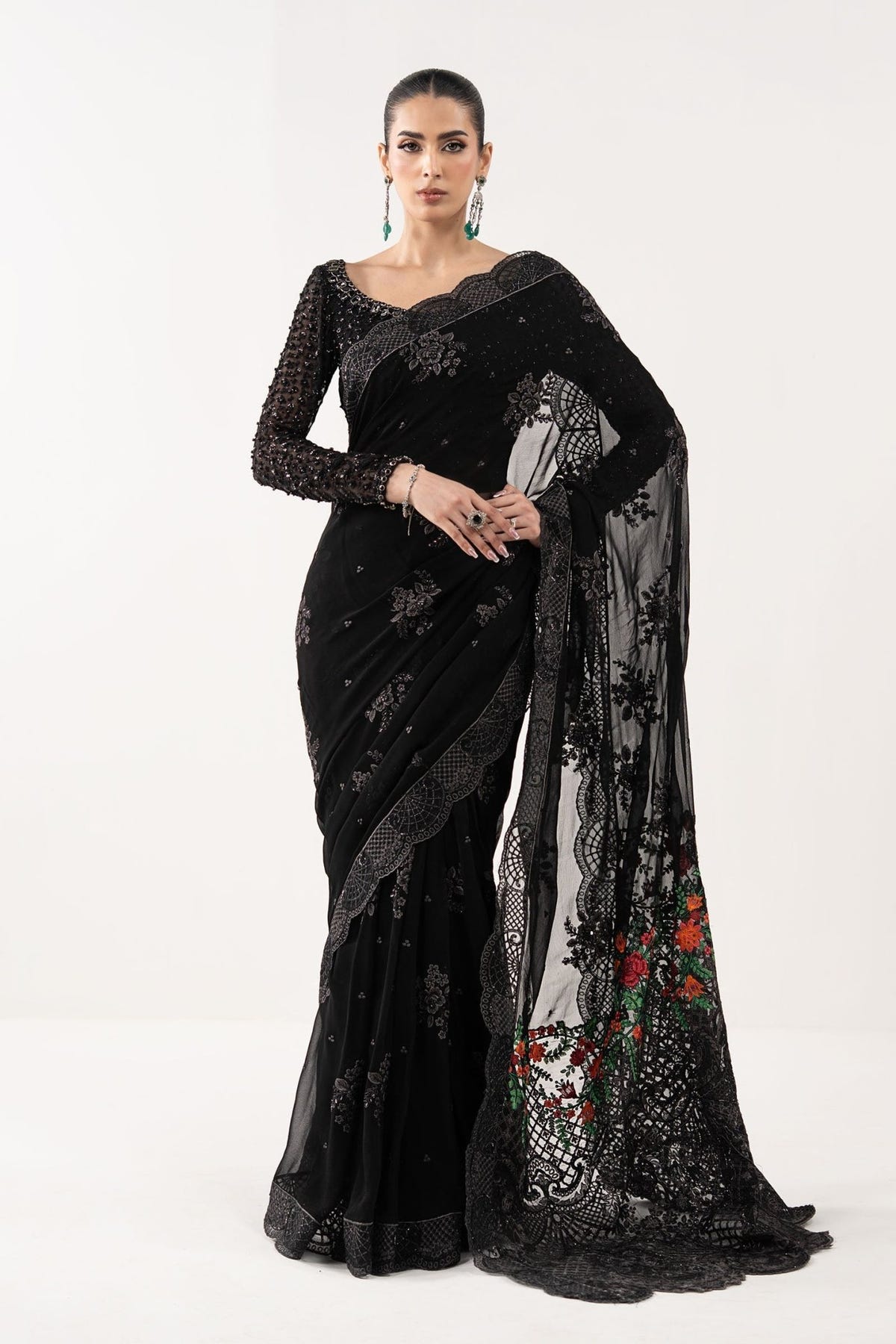 Maria B | RTW | Embroidered Chiffon Saree-Brand:Maria B-Type:Luxury Formals-Black - House of Maryam- Buy in UK, USA