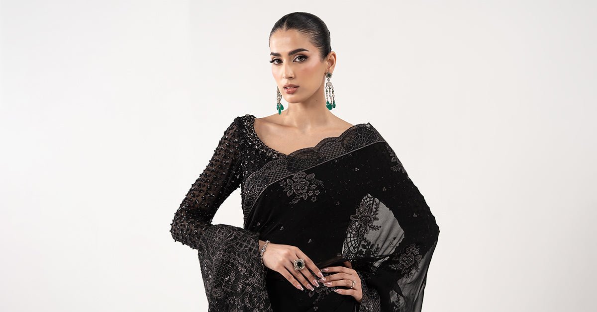 Maria B | RTW | Embroidered Chiffon Saree-Brand:Maria B-Type:Luxury Formals-Black - House of Maryam- Buy in UK, USA