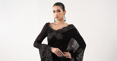 Maria B | RTW | Embroidered Chiffon Saree-Brand:Maria B-Type:Luxury Formals-Black - House of Maryam- Buy in UK, USA