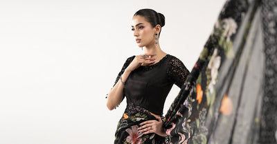 Maria B | RTW | Embroidered Chiffon Saree-Brand:Maria B-Type:Luxury Formals-Black - House of Maryam- Buy in UK, USA
