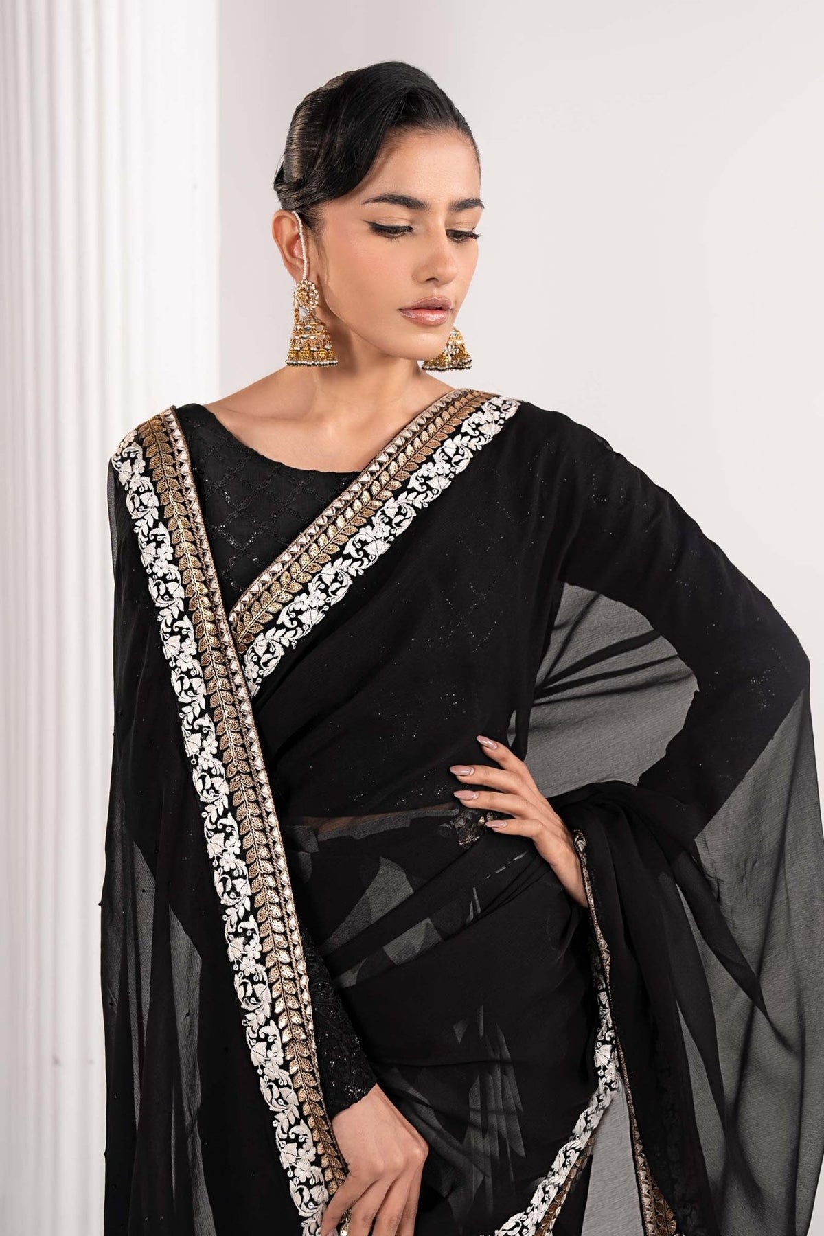Maria B | RTW | Embroidered Chiffon Saree-Brand:Maria B-Type:Luxury Formals-Black - House of Maryam- Buy in UK, USA