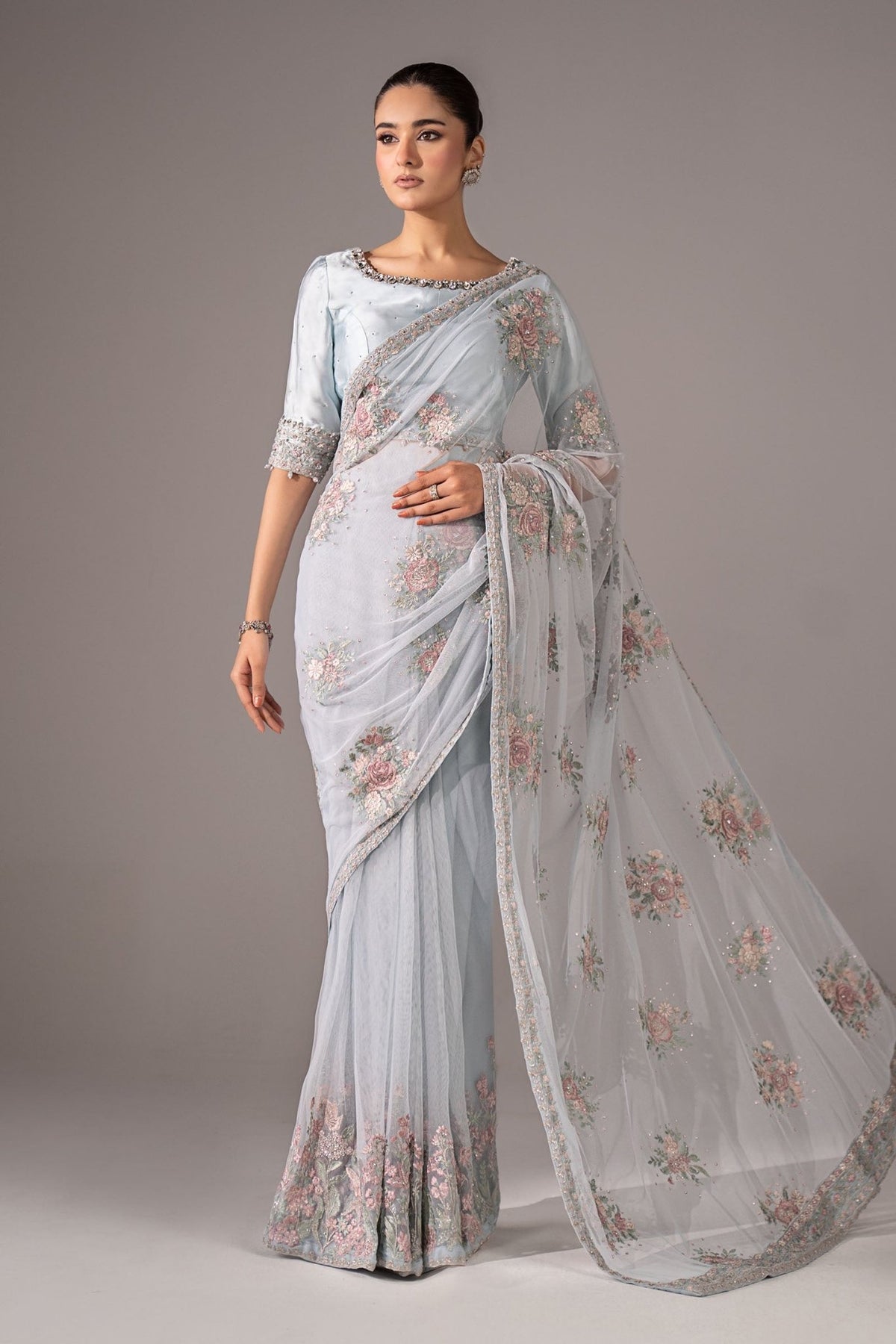 Maria B | RTW | Embroidered Chiffon Saree-Brand:Maria B-Type:Luxury Formals-Blue - House of Maryam- Buy in UK, USA