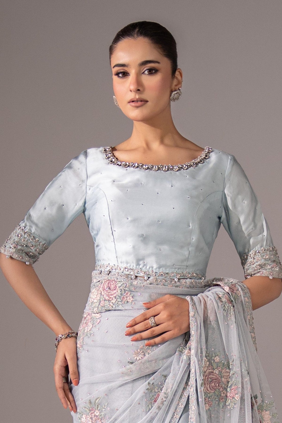 Maria B | RTW | Embroidered Chiffon Saree-Brand:Maria B-Type:Luxury Formals-Blue - House of Maryam- Buy in UK, USA