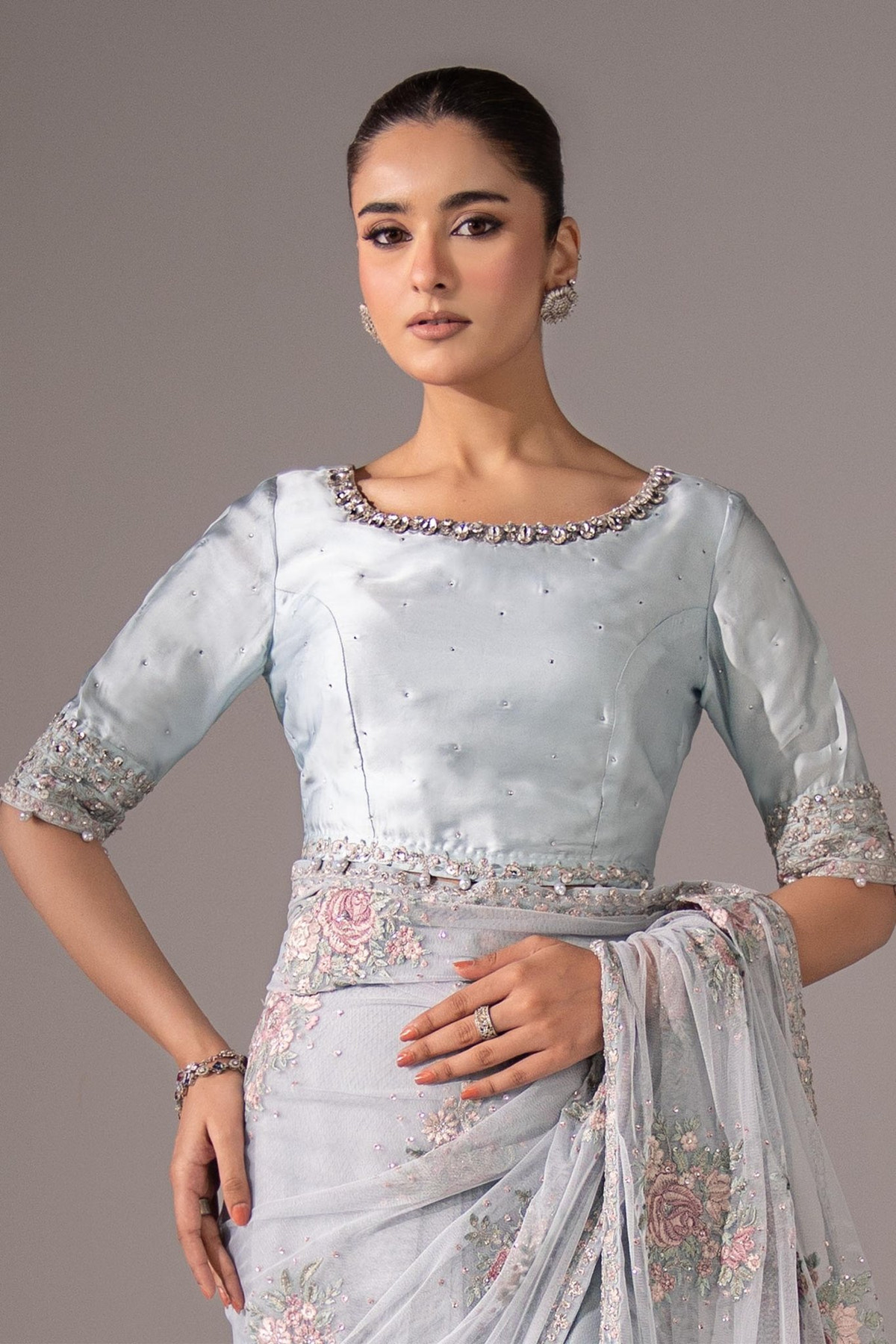 Maria B | RTW | Embroidered Chiffon Saree-Brand:Maria B-Type:Luxury Formals-Blue - House of Maryam- Buy in UK, USA