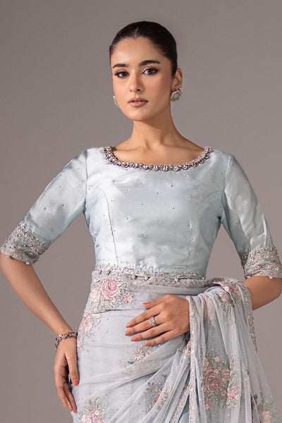 Maria B | RTW | Embroidered Chiffon Saree-Brand:Maria B-Type:Luxury Formals-Blue - House of Maryam- Buy in UK, USA