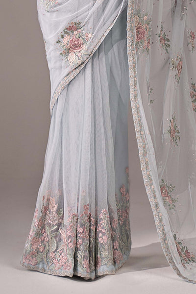 Maria B | RTW | Embroidered Chiffon Saree-Brand:Maria B-Type:Luxury Formals-Blue - House of Maryam- Buy in UK, USA