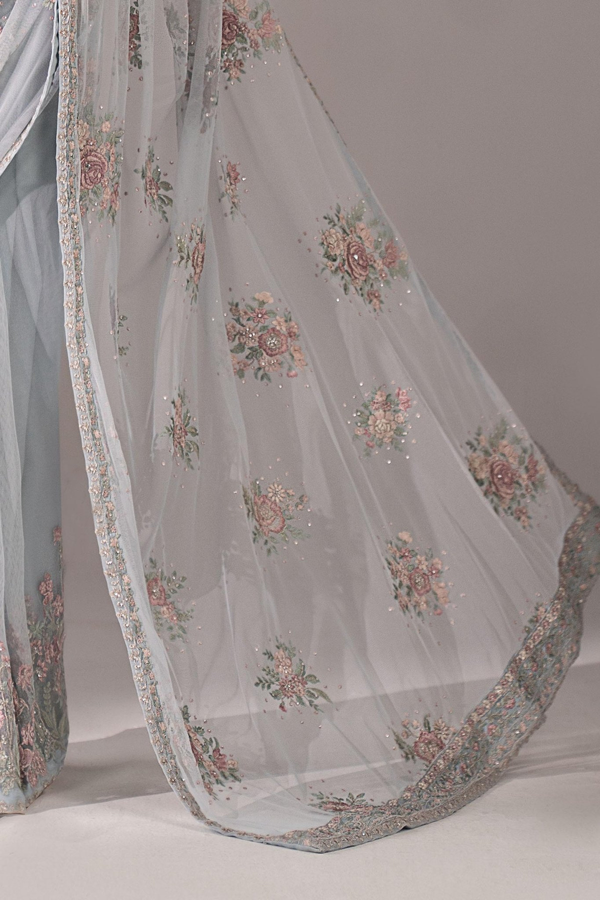 Maria B | RTW | Embroidered Chiffon Saree-Brand:Maria B-Type:Luxury Formals-Blue - House of Maryam- Buy in UK, USA