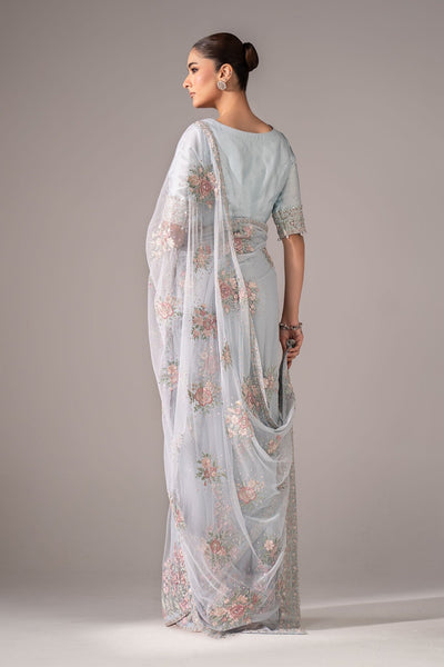 Maria B | RTW | Embroidered Chiffon Saree-Brand:Maria B-Type:Luxury Formals-Blue - House of Maryam- Buy in UK, USA