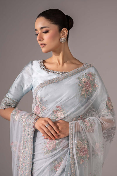 Maria B | RTW | Embroidered Chiffon Saree-Brand:Maria B-Type:Luxury Formals-Blue - House of Maryam- Buy in UK, USA