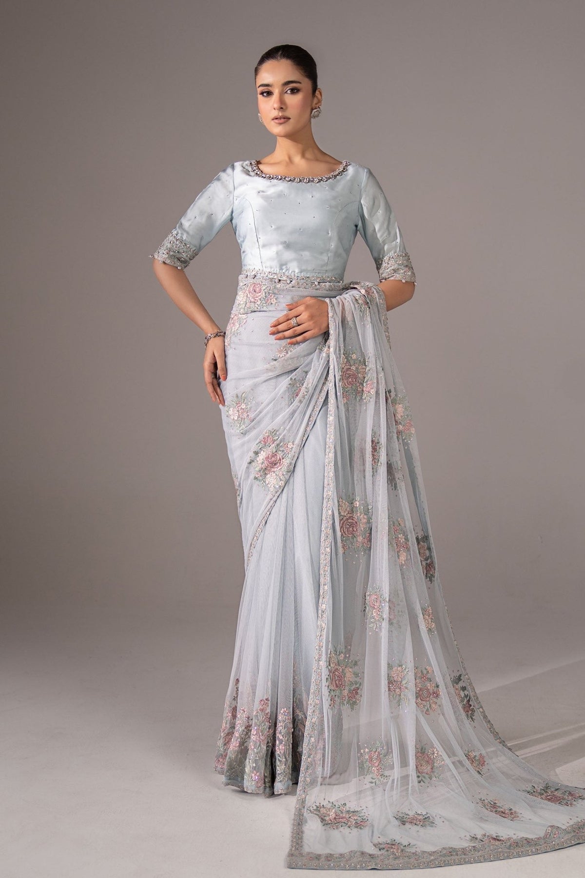 Maria B | RTW | Embroidered Chiffon Saree-Brand:Maria B-Type:Luxury Formals-Blue - House of Maryam- Buy in UK, USA