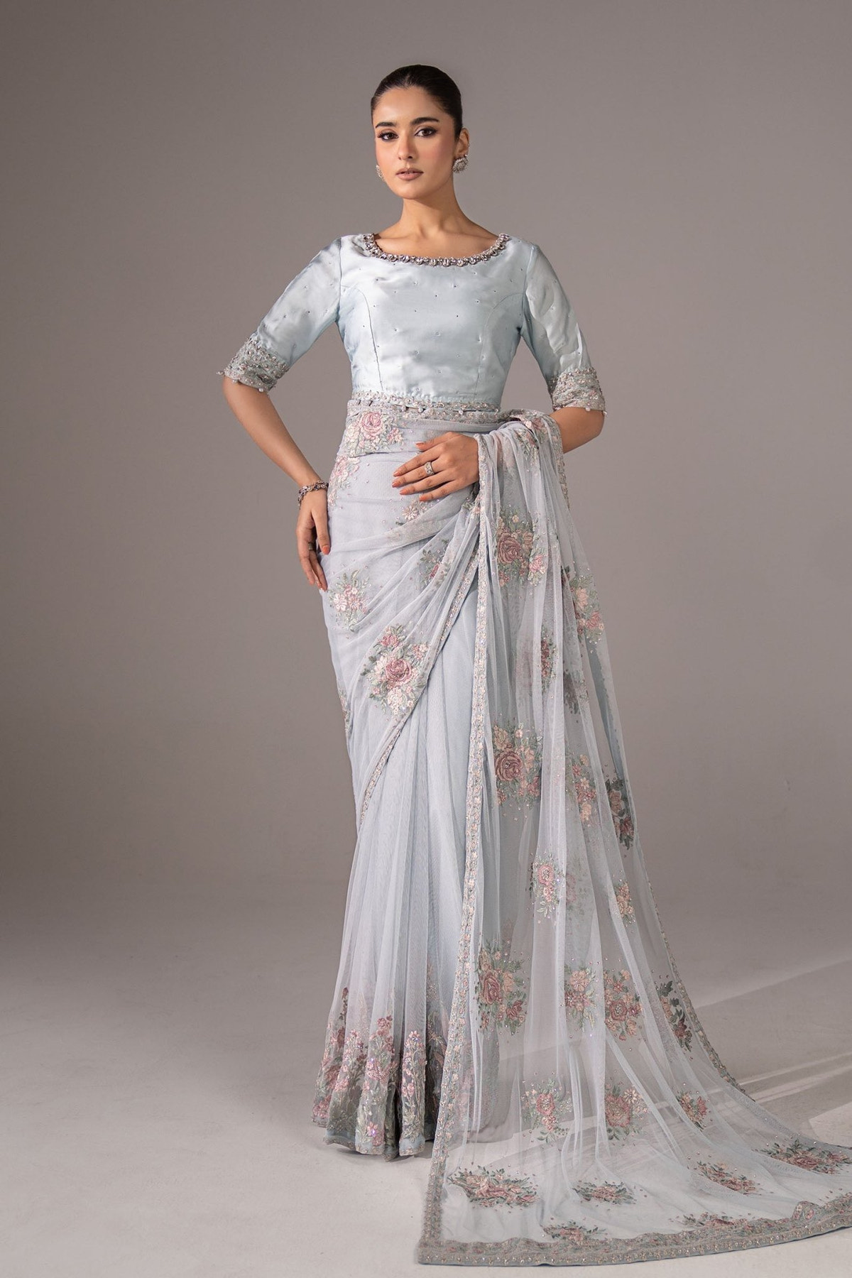 Maria B | RTW | Embroidered Chiffon Saree-Brand:Maria B-Type:Luxury Formals-Blue - House of Maryam- Buy in UK, USA