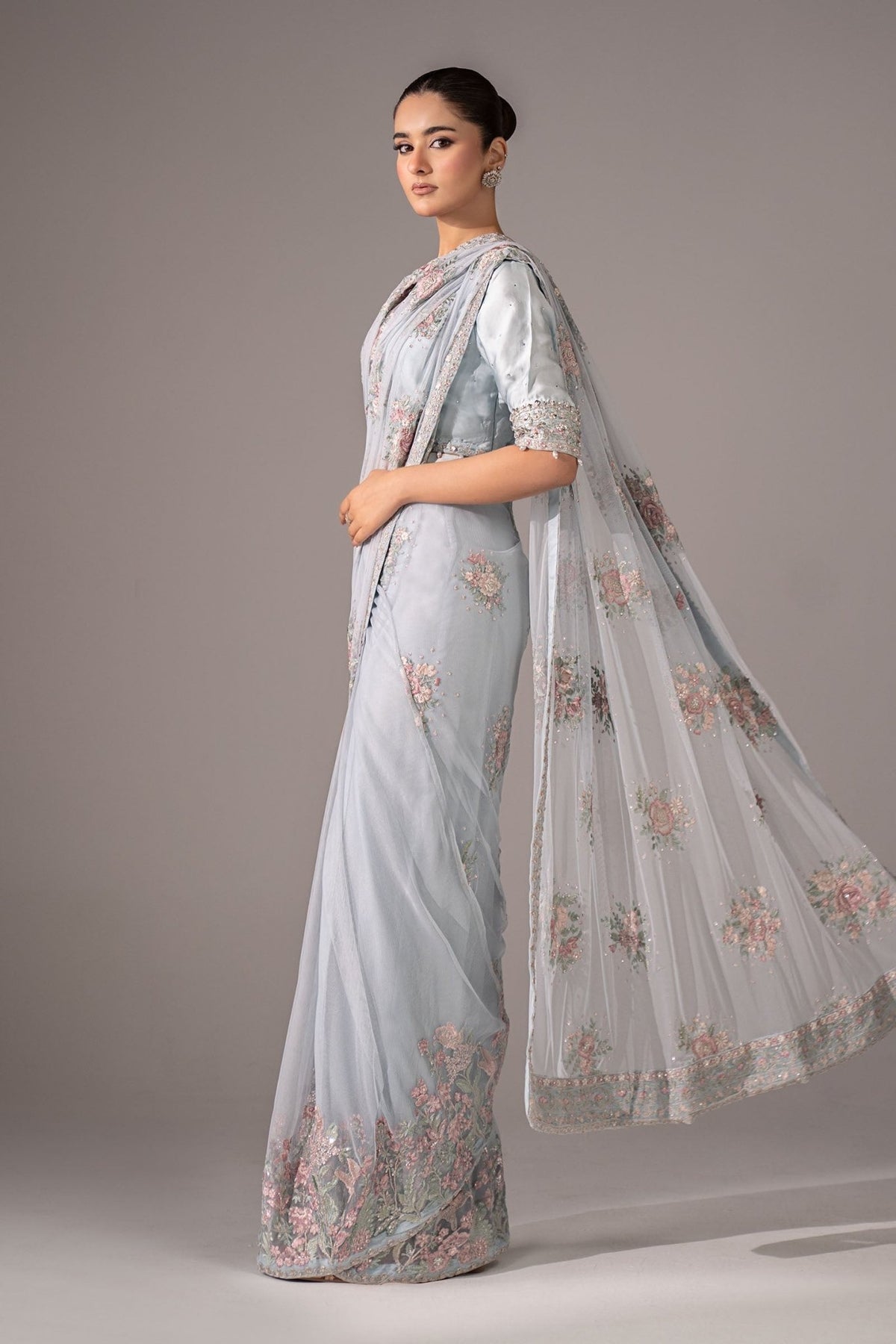 Maria B | RTW | Embroidered Chiffon Saree-Brand:Maria B-Type:Luxury Formals-Blue - House of Maryam- Buy in UK, USA