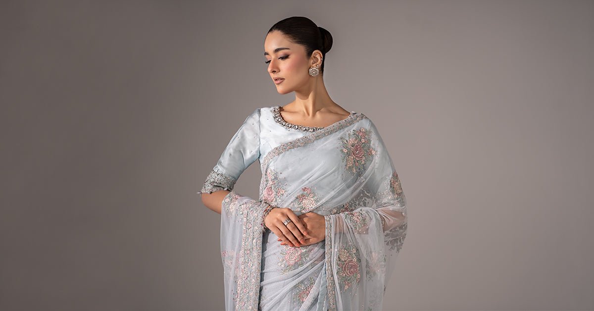 Maria B | RTW | Embroidered Chiffon Saree-Brand:Maria B-Type:Luxury Formals-Blue - House of Maryam- Buy in UK, USA