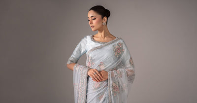 Maria B | RTW | Embroidered Chiffon Saree-Brand:Maria B-Type:Luxury Formals-Blue - House of Maryam- Buy in UK, USA
