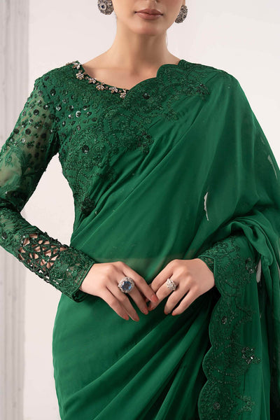 Maria B | RTW | Embroidered Chiffon Saree-Brand:Maria B-Type:Luxury Formals-Green - House of Maryam- Buy in UK, USA