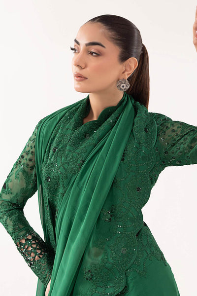 Maria B | RTW | Embroidered Chiffon Saree-Brand:Maria B-Type:Luxury Formals-Green - House of Maryam- Buy in UK, USA