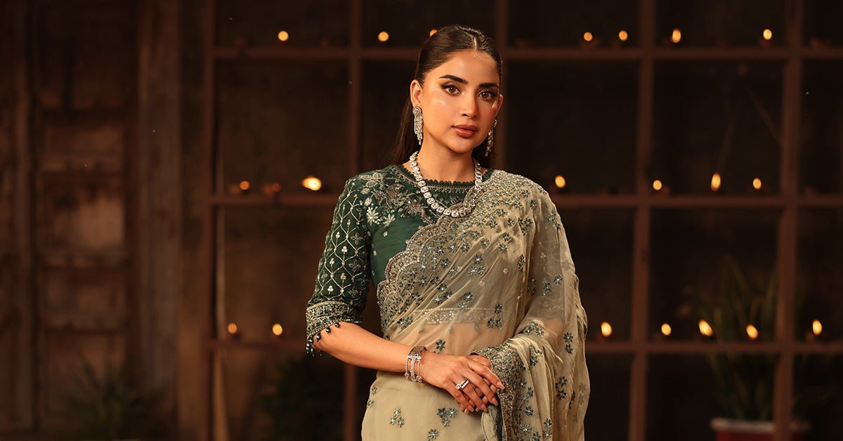 Maria B | RTW | Embroidered Chiffon Saree-Brand:Maria B-Type:Luxury Formals-Green - House of Maryam- Buy in UK, USA
