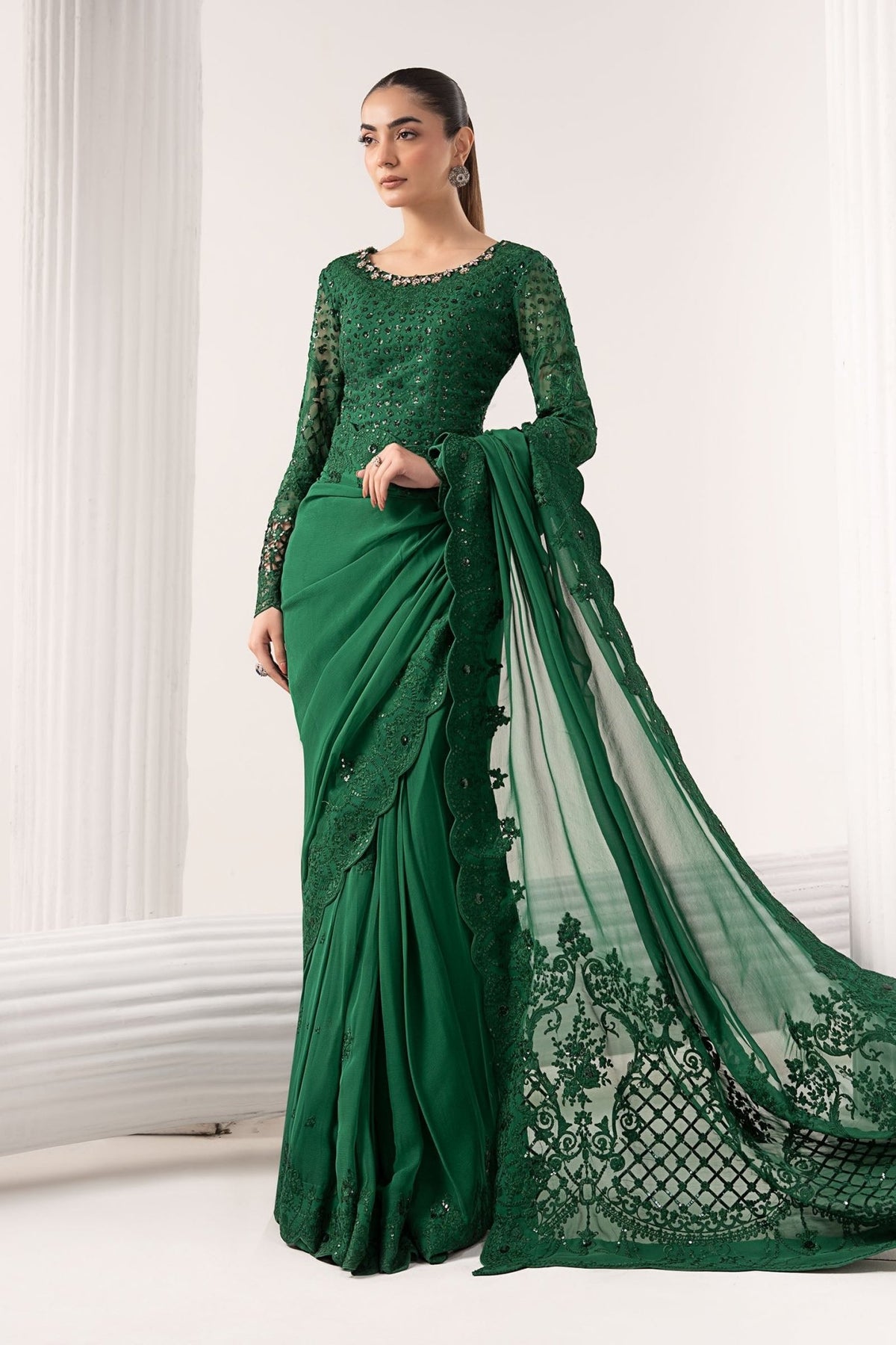 Maria B | RTW | Embroidered Chiffon Saree-Brand:Maria B-Type:Luxury Formals-Green - House of Maryam- Buy in UK, USA