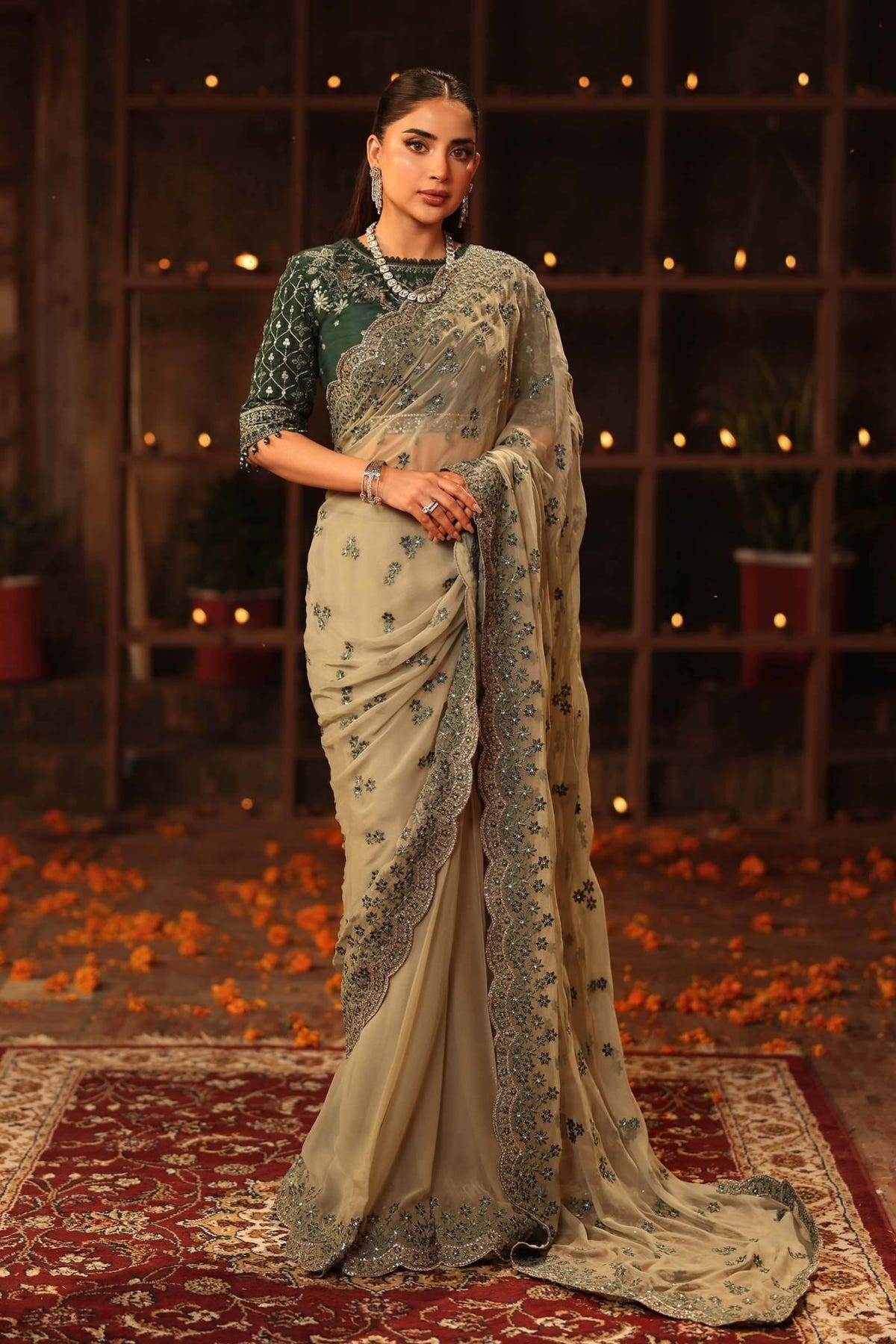 Maria B | RTW | Embroidered Chiffon Saree-Brand:Maria B-Type:Luxury Formals-Green - House of Maryam- Buy in UK, USA