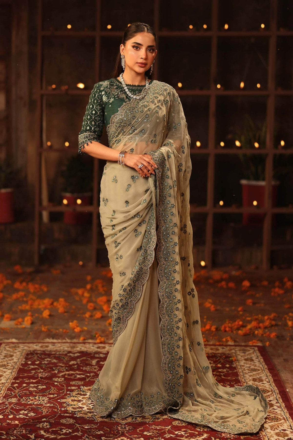 Maria B | RTW | Embroidered Chiffon Saree-Brand:Maria B-Type:Luxury Formals-Green - House of Maryam- Buy in UK, USA