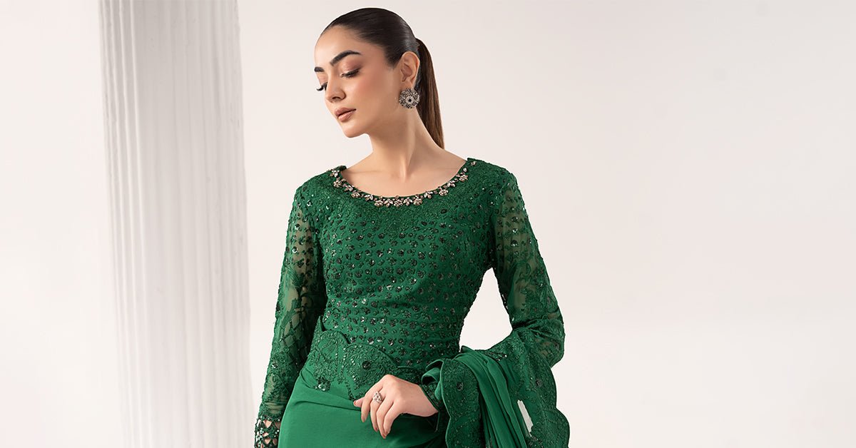 Maria B | RTW | Embroidered Chiffon Saree-Brand:Maria B-Type:Luxury Formals-Green - House of Maryam- Buy in UK, USA