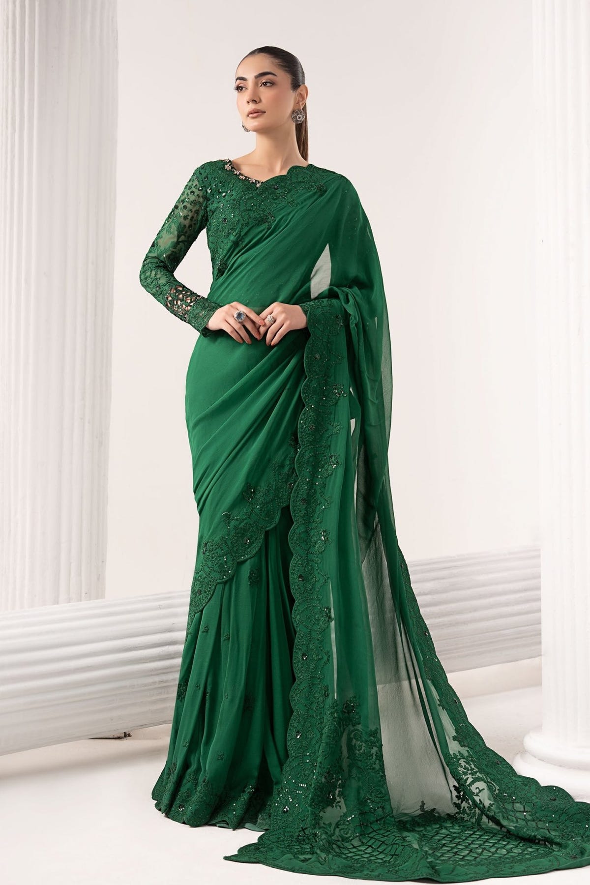 Maria B | RTW | Embroidered Chiffon Saree-Brand:Maria B-Type:Luxury Formals-Green - House of Maryam- Buy in UK, USA