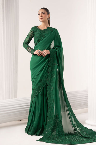 Maria B | RTW | Embroidered Chiffon Saree-Brand:Maria B-Type:Luxury Formals-Green - House of Maryam- Buy in UK, USA
