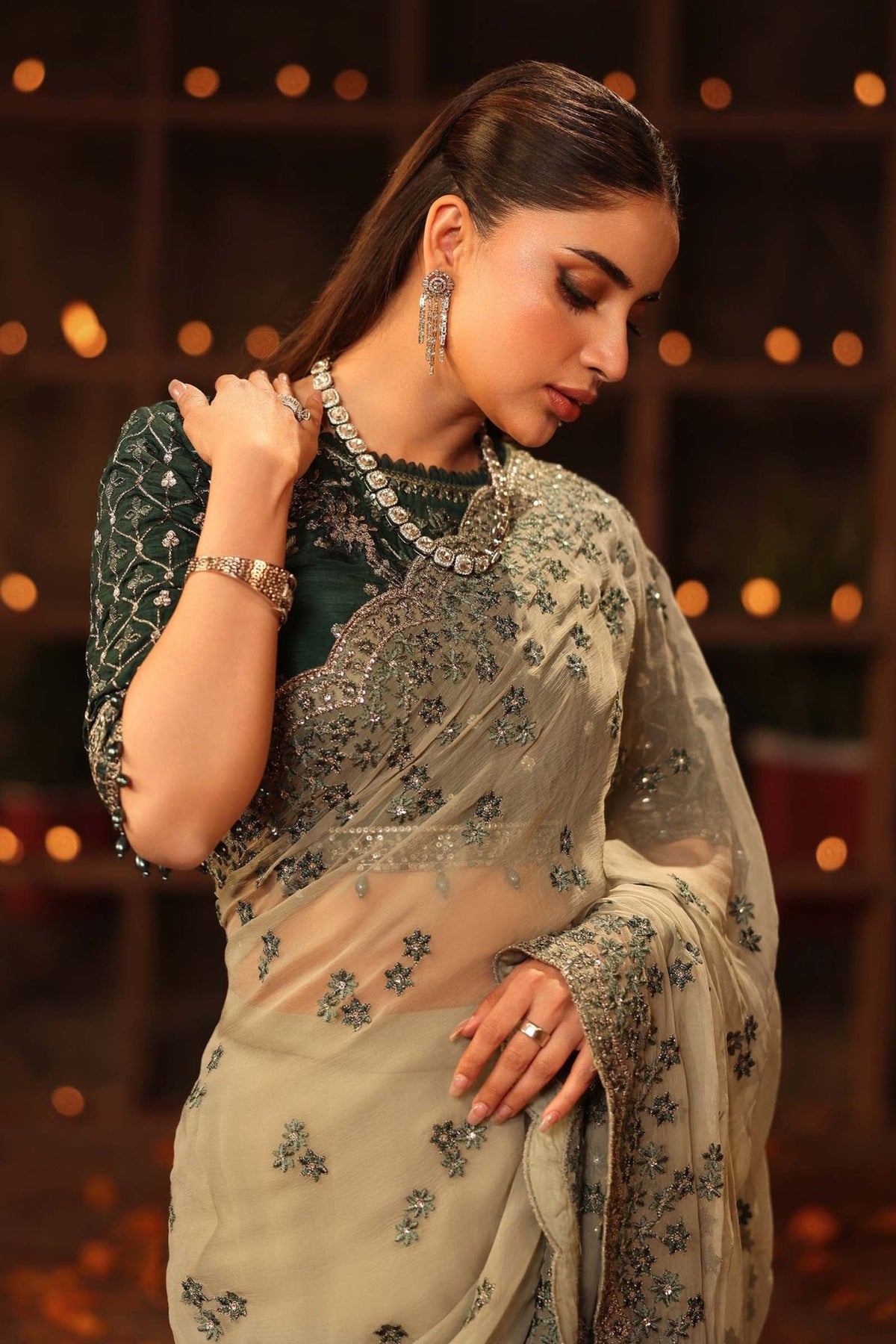 Maria B | RTW | Embroidered Chiffon Saree-Brand:Maria B-Type:Luxury Formals-Green - House of Maryam- Buy in UK, USA