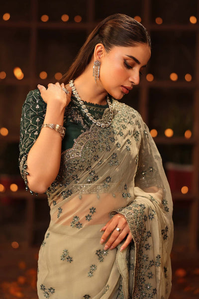 Maria B | RTW | Embroidered Chiffon Saree-Brand:Maria B-Type:Luxury Formals-Green - House of Maryam- Buy in UK, USA