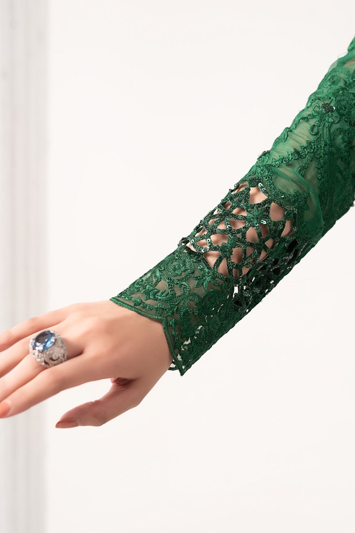 Maria B | RTW | Embroidered Chiffon Saree-Brand:Maria B-Type:Luxury Formals-Green - House of Maryam- Buy in UK, USA