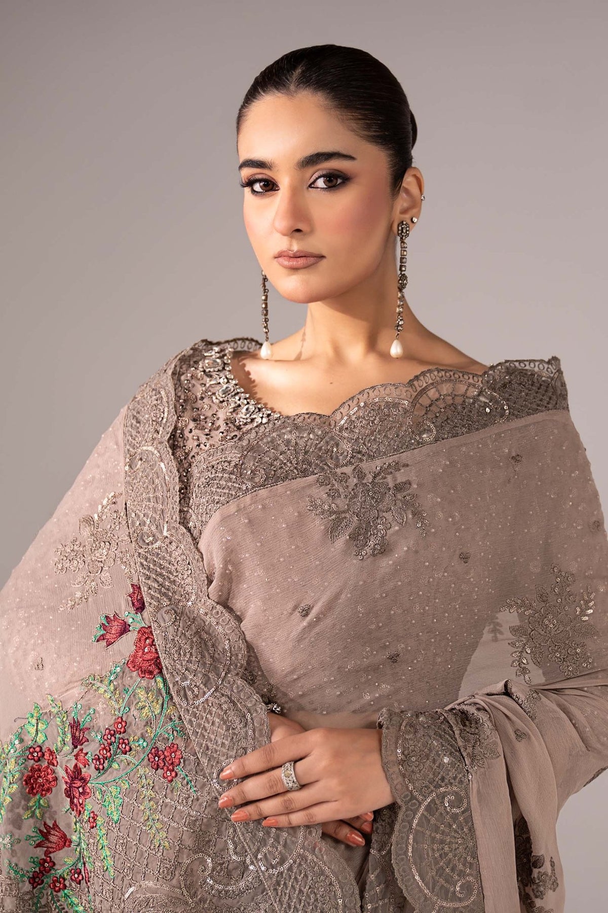 Maria B | RTW | Embroidered Chiffon Saree-Brand:Maria B-Type:Luxury Formals-Grey - House of Maryam- Buy in UK, USA