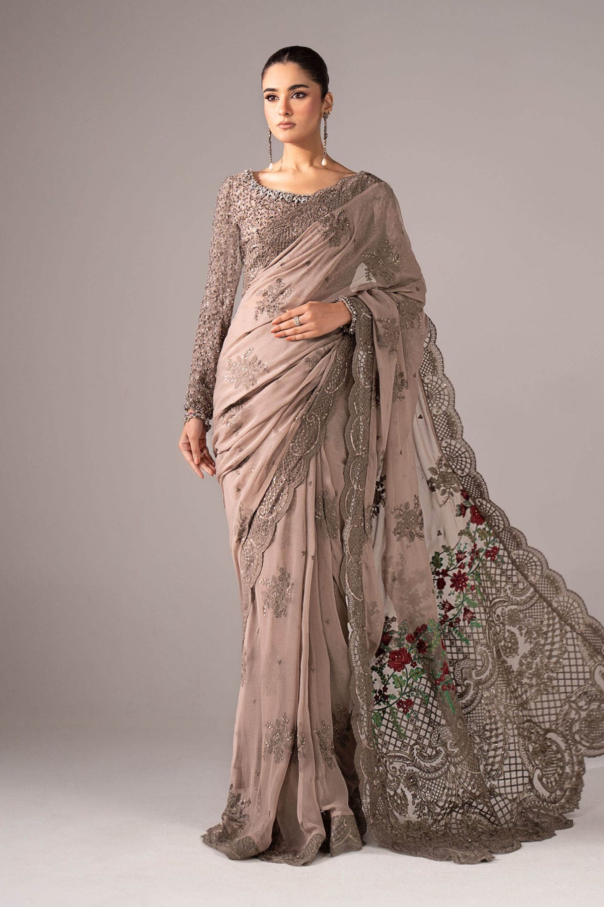 Maria B | RTW | Embroidered Chiffon Saree-Brand:Maria B-Type:Luxury Formals-Grey - House of Maryam- Buy in UK, USA