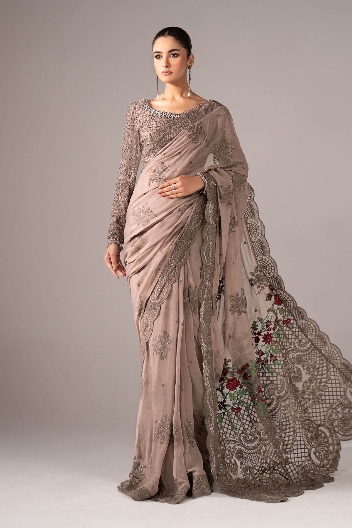 Maria B | RTW | Embroidered Chiffon Saree-Brand:Maria B-Type:Luxury Formals-Grey - House of Maryam- Buy in UK, USA