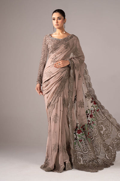 Maria B | RTW | Embroidered Chiffon Saree-Brand:Maria B-Type:Luxury Formals-Grey - House of Maryam- Buy in UK, USA