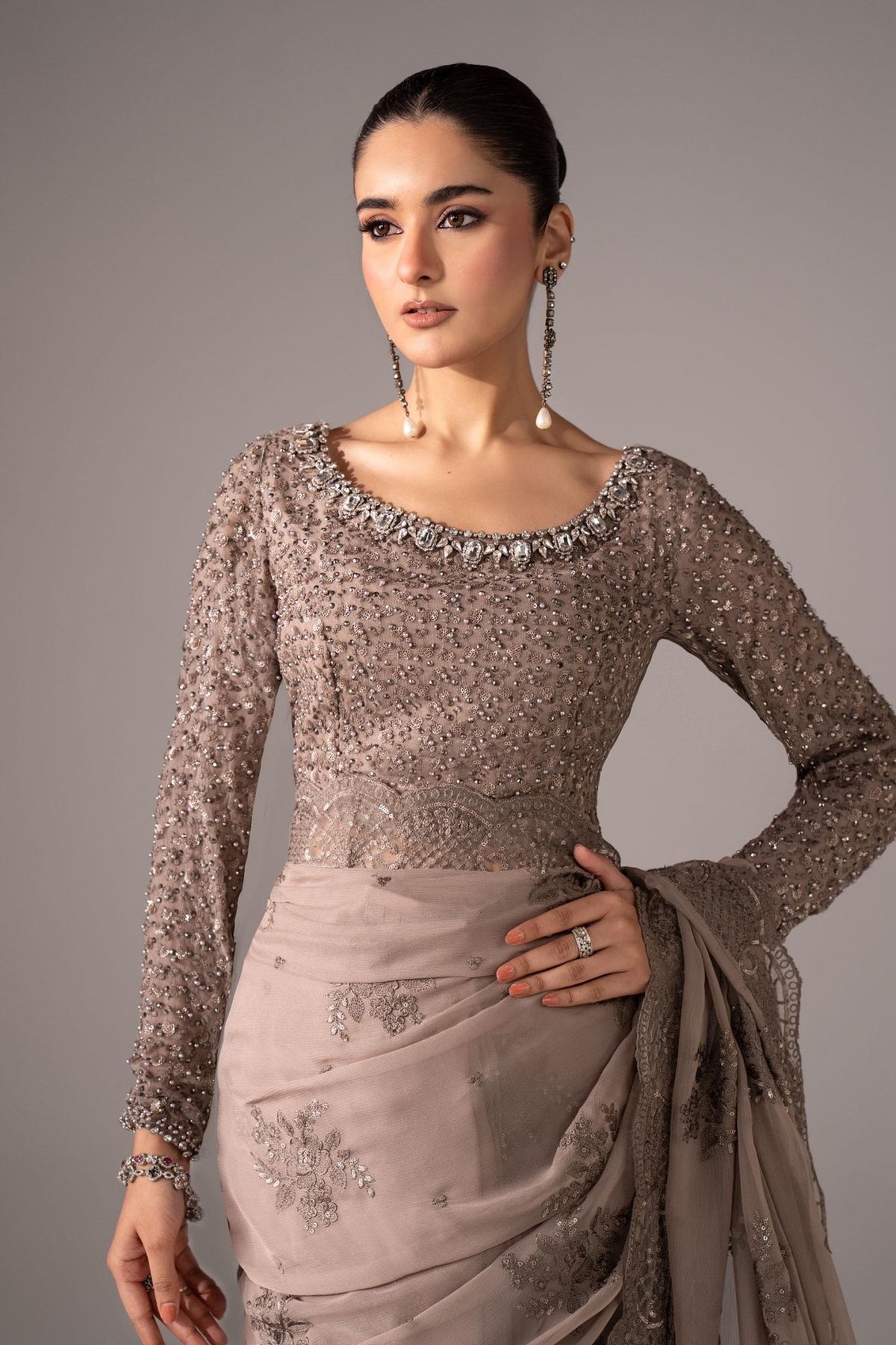 Maria B | RTW | Embroidered Chiffon Saree-Brand:Maria B-Type:Luxury Formals-Grey - House of Maryam- Buy in UK, USA