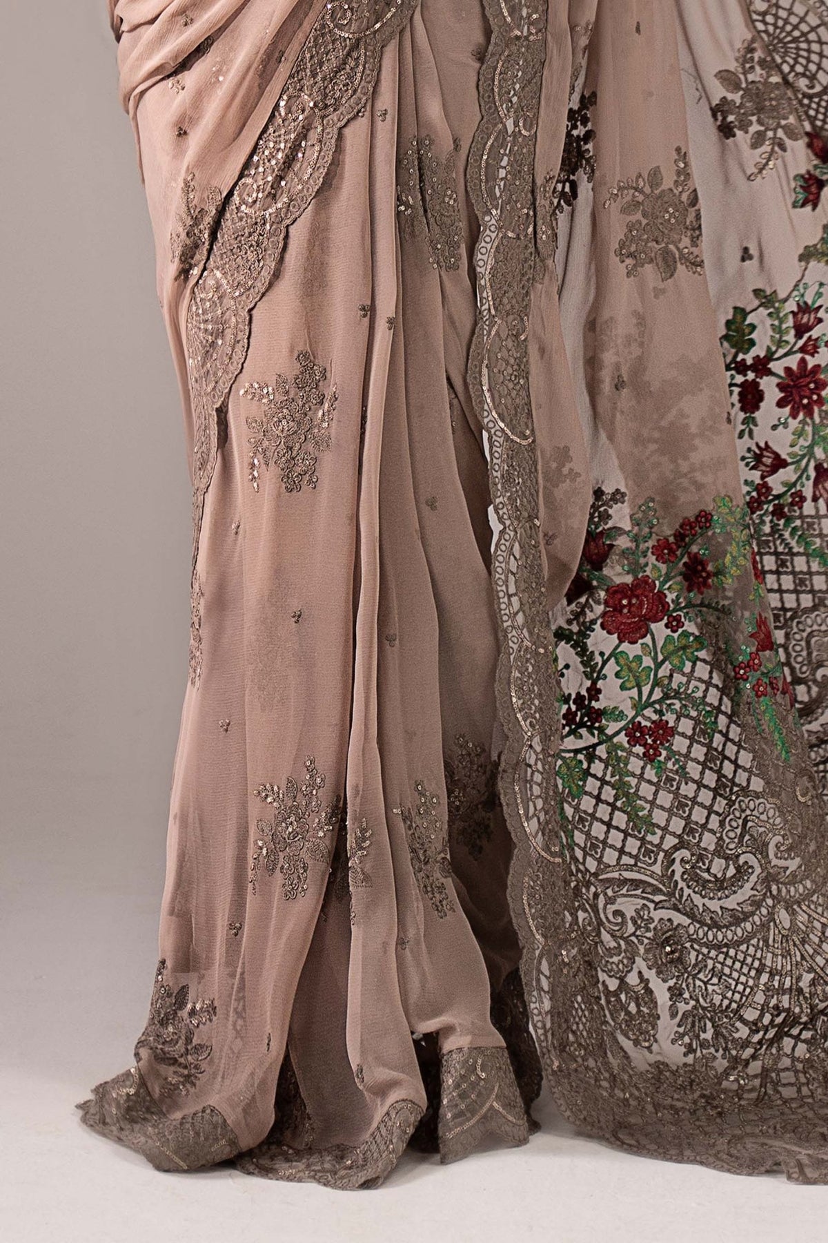 Maria B | RTW | Embroidered Chiffon Saree-Brand:Maria B-Type:Luxury Formals-Grey - House of Maryam- Buy in UK, USA