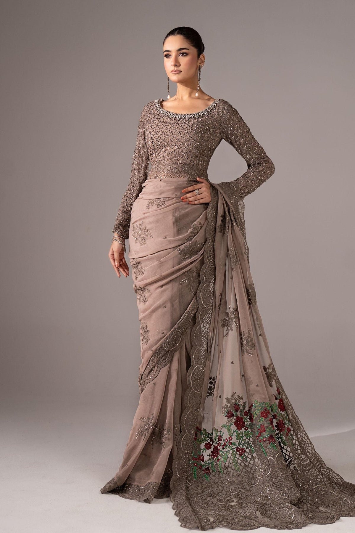 Maria B | RTW | Embroidered Chiffon Saree-Brand:Maria B-Type:Luxury Formals-Grey - House of Maryam- Buy in UK, USA